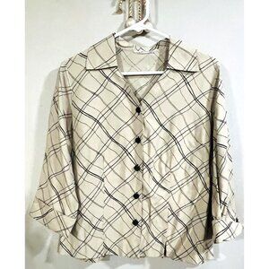 Dressbarn Womens Tan Striped Roll Tab 3/4 Sleeves Button Shirt SMALL Vneck